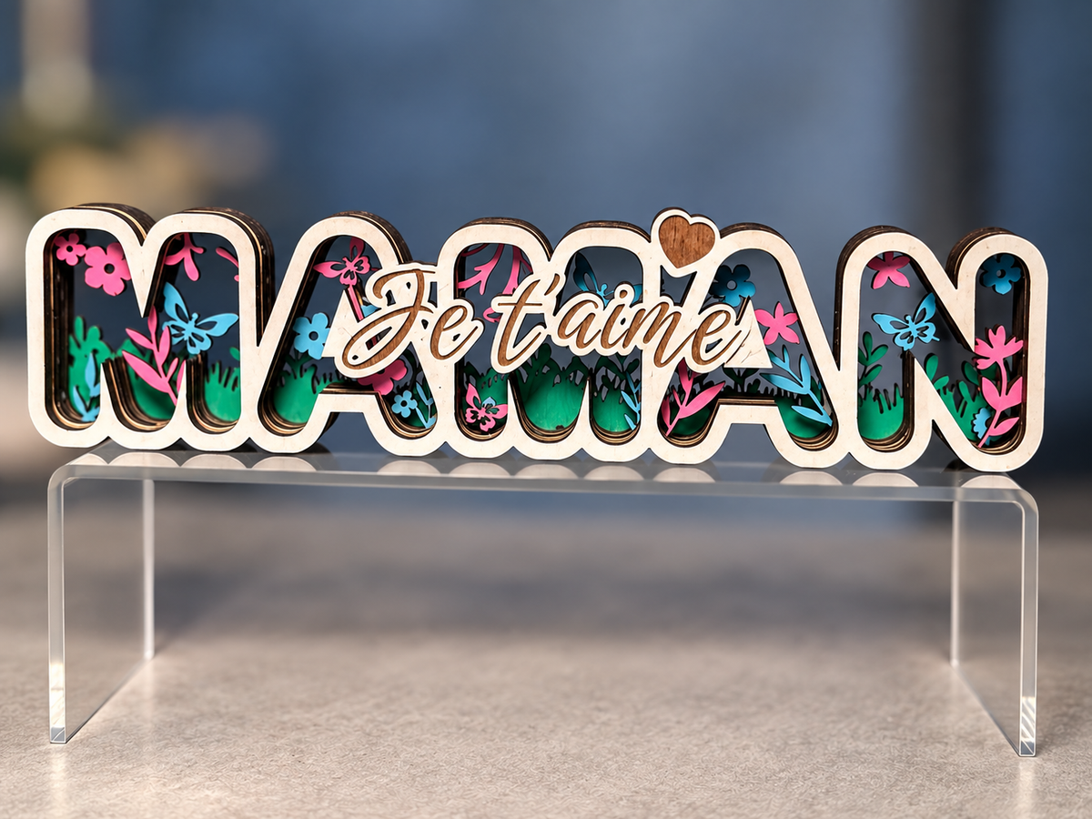 Décoration en bois " MAMAN, je t'aime " en couche superposées - 19x4,5cm