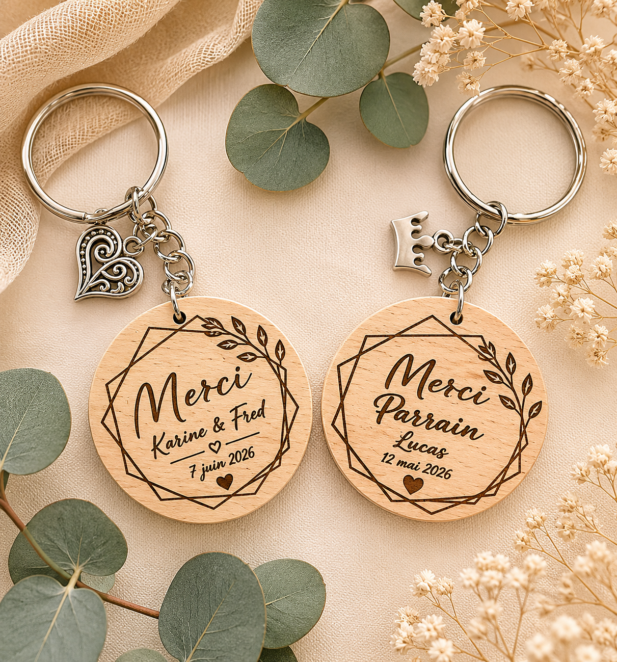 Porte-clés en bois personnalisé gravé - Prénom, date & message au choix - Baptême, Mariage, Anniversaire, EVJF....
