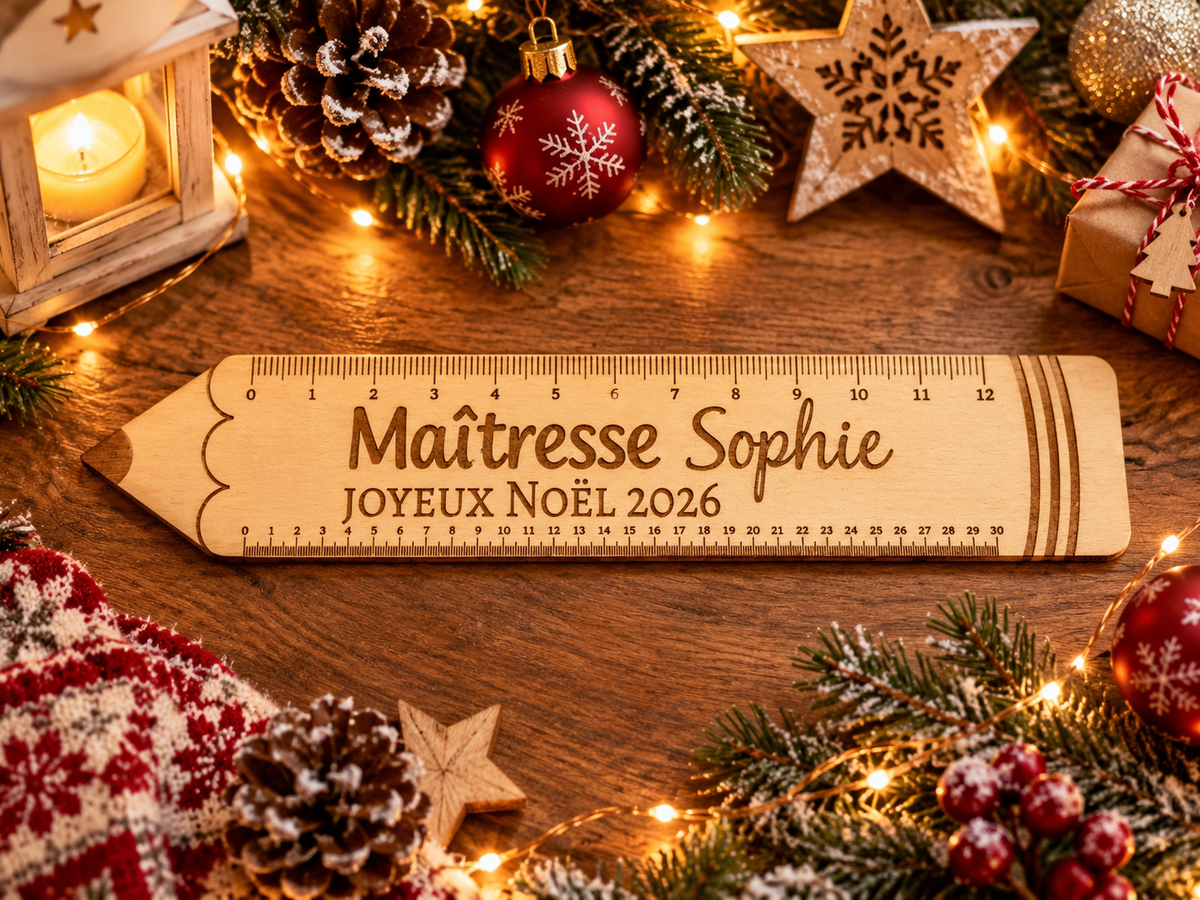 Règle en Bois personnalisée Maitresse - Cadeau de Noël en forme de crayon