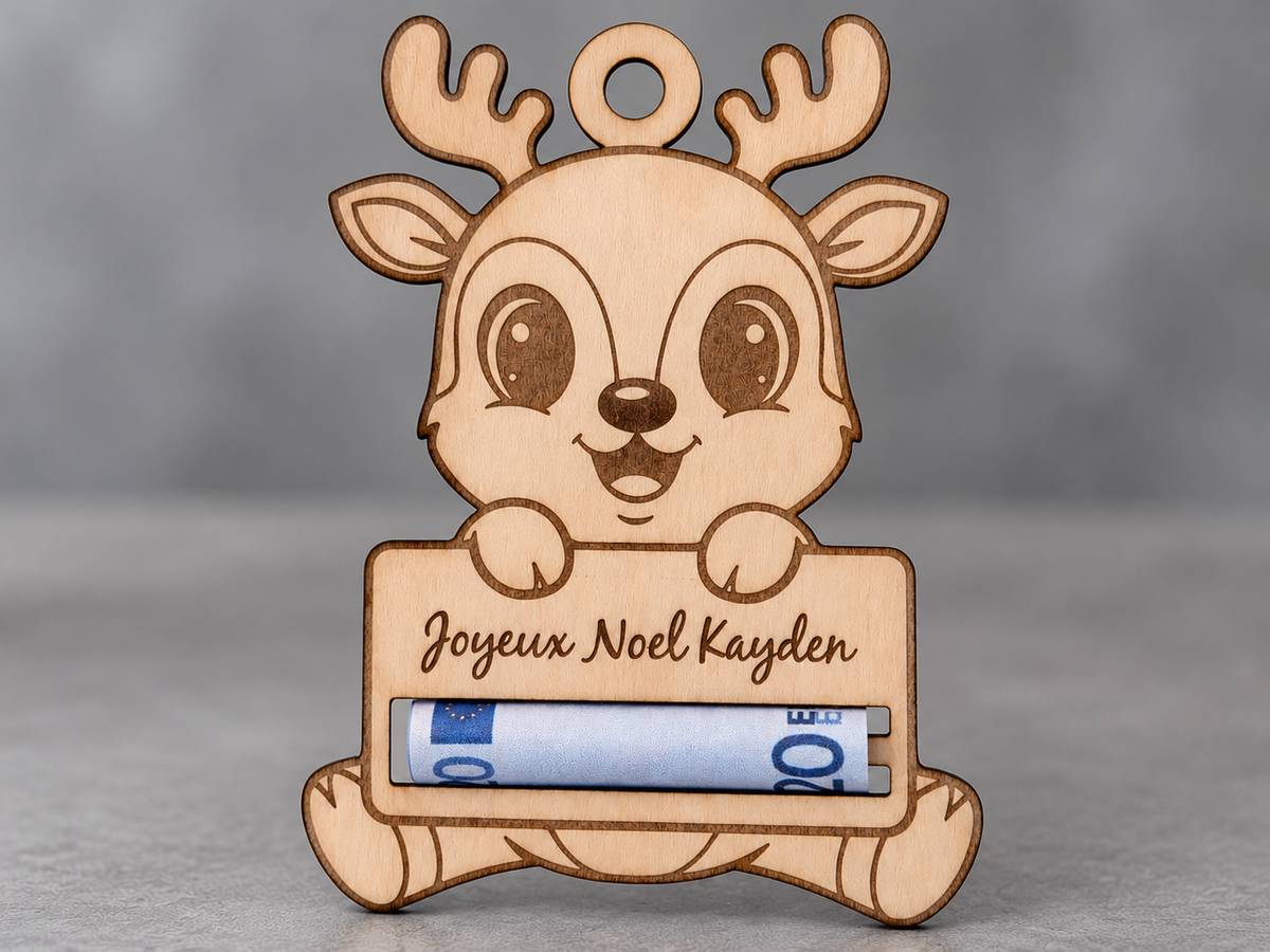 Porte-billet en bois " Joyeux Noel " renne personnalisable - Cadeau de Noel pour enfant 12x10 cm