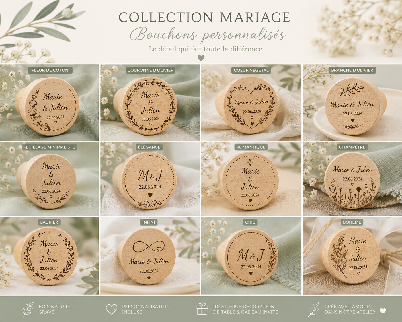 Bouchon Mariage personnalisé en bois - Cadeau invité & décoration de table