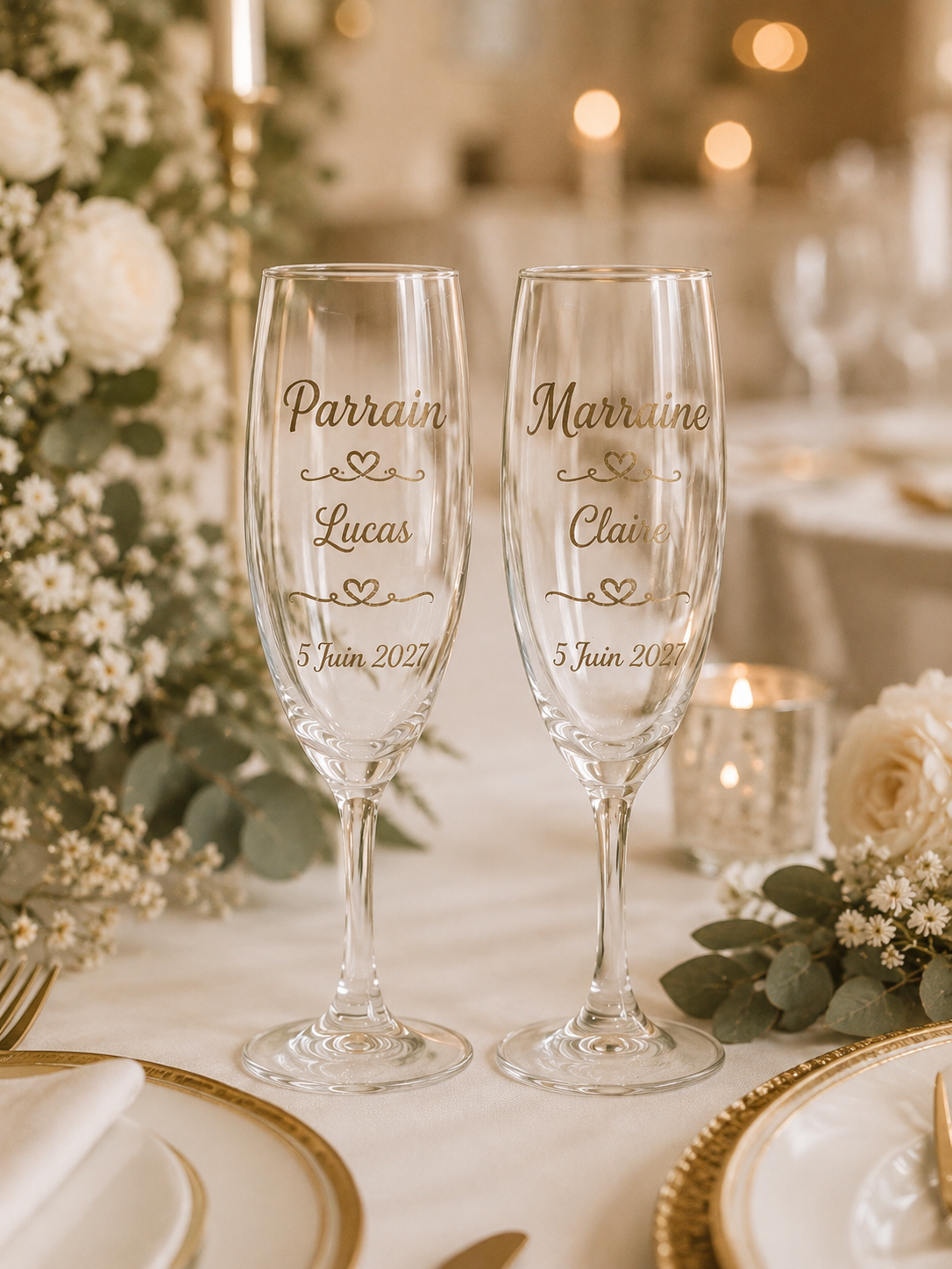 Flûte à champagne personnalisées Parrain & Marraine - Gravure Prénom & Date - Cadeau Baptême