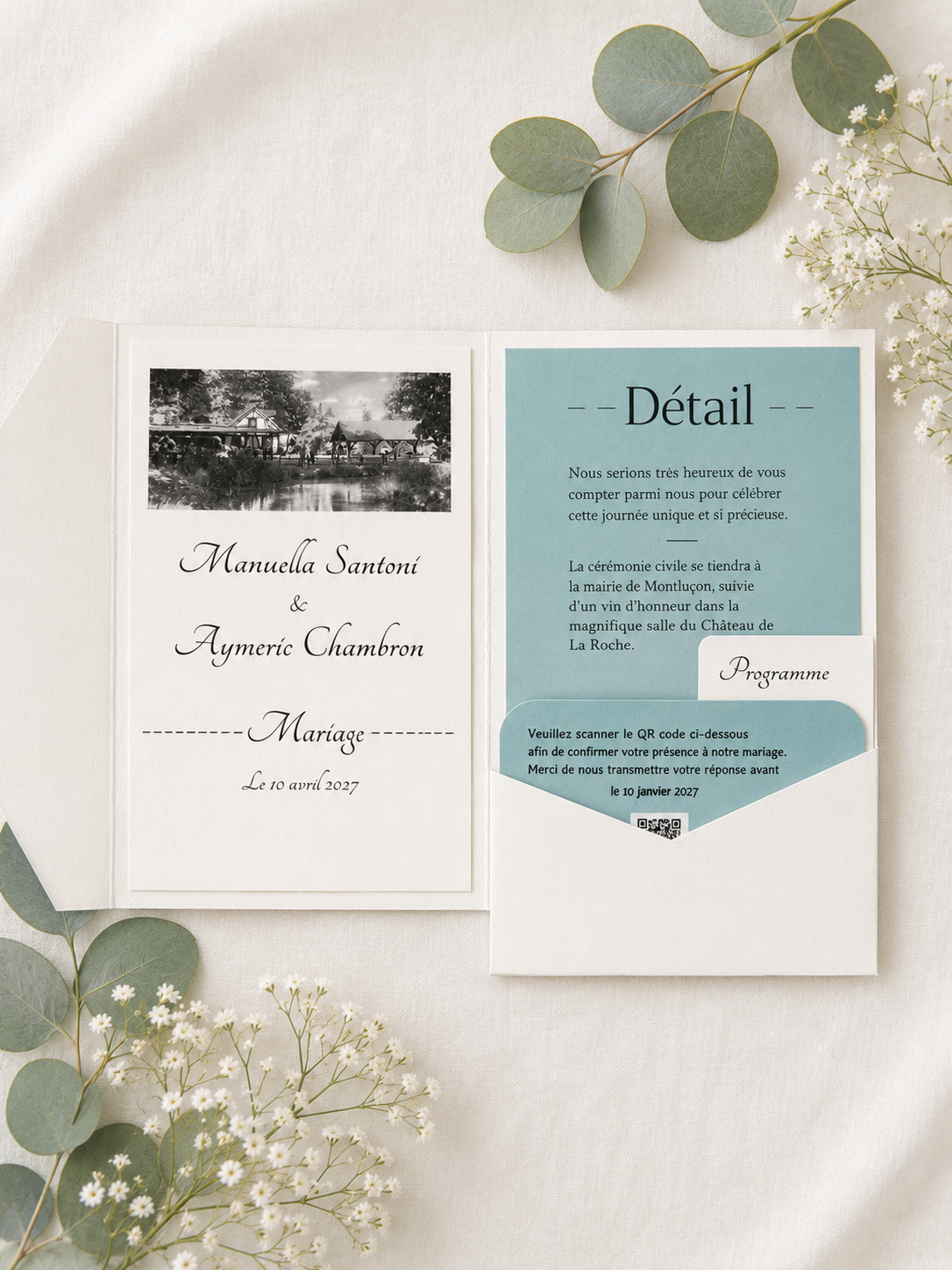 Faire-part de Mariage élégance_ collection Domaine/ pochette élégante, Cartons Détail & Programme