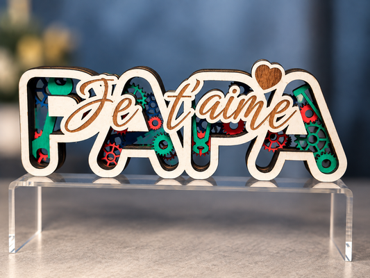 Décoration en bois " PAPA, je t'aime " en couche superposées - Cadeau 17 x 6cm