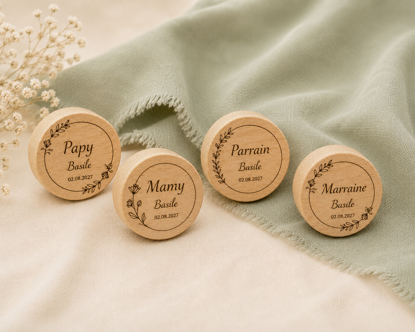Bouchon en bois personnalisé pour baptême - décoration de table & cadeau invité