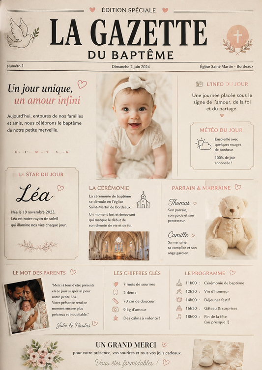 La gazette du Baptême - Journal Personnalisé pour un jour inoubliable.