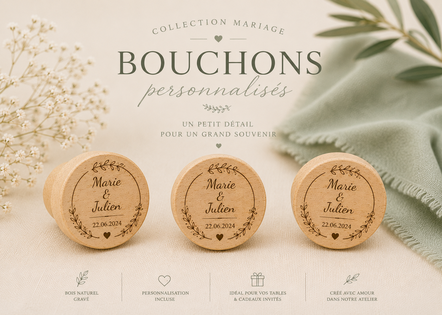Bouchon Mariage personnalisé en bois - Cadeau invité & décoration de table
