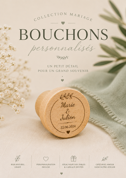 Bouchon Mariage personnalisé en bois - Cadeau invité & décoration de table