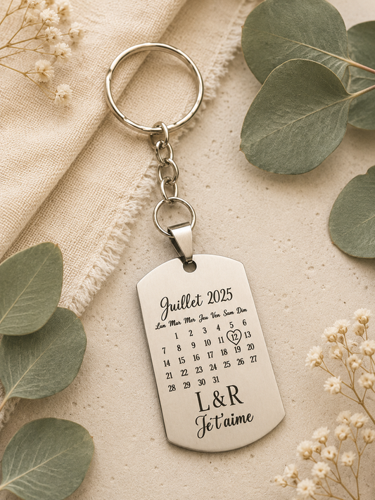 Porte-clé personnalisé date événement - Calendrier gravé & initiales - Acier inoxydable