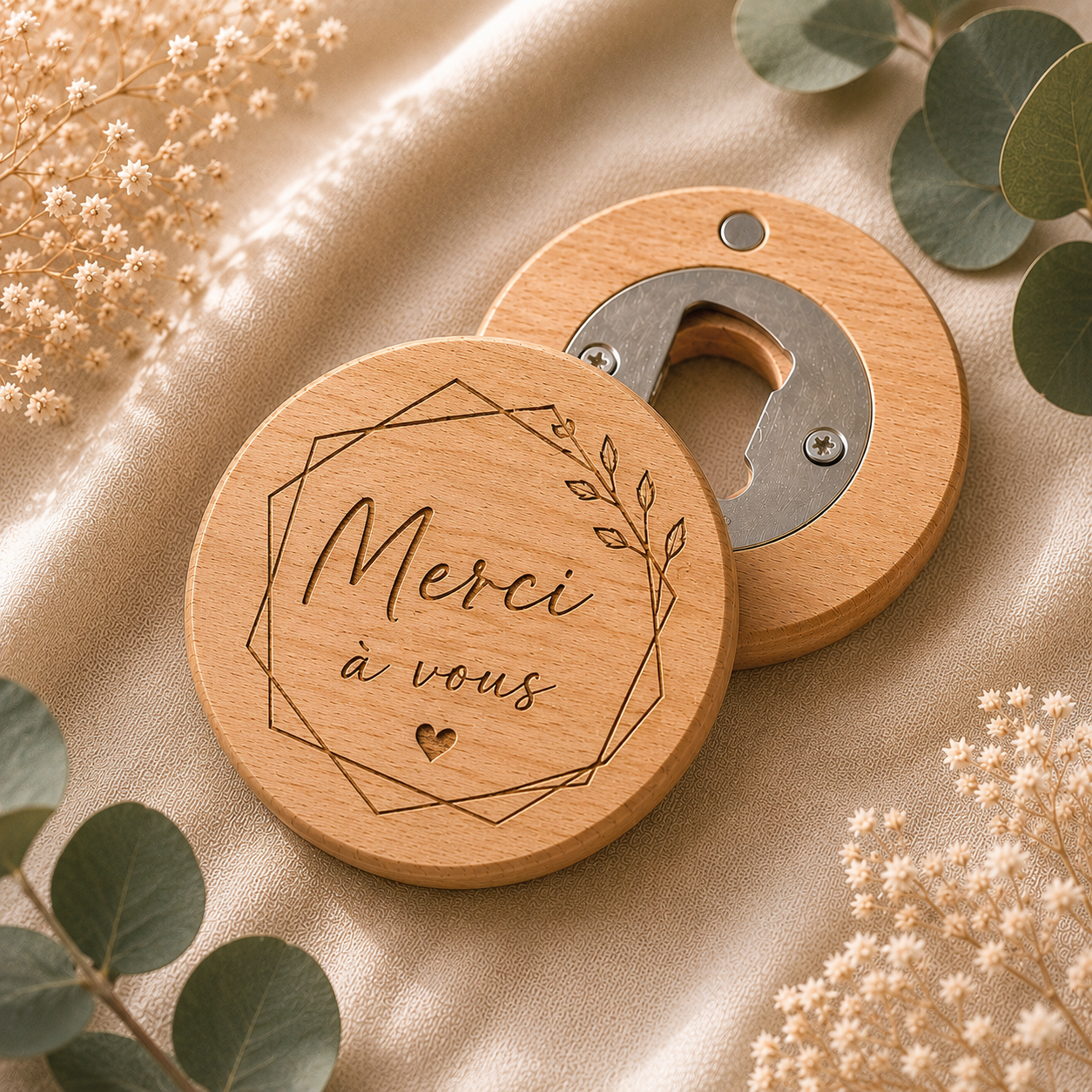 Décapsuleur en bois personnalisé - Cadeau invité mariage gravé - prénom & date