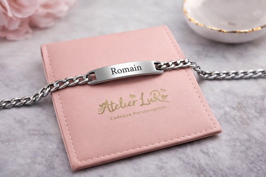 Bracelet homme personnalisé prénom & date - Bracelet gravé acier inoxydable 20cm