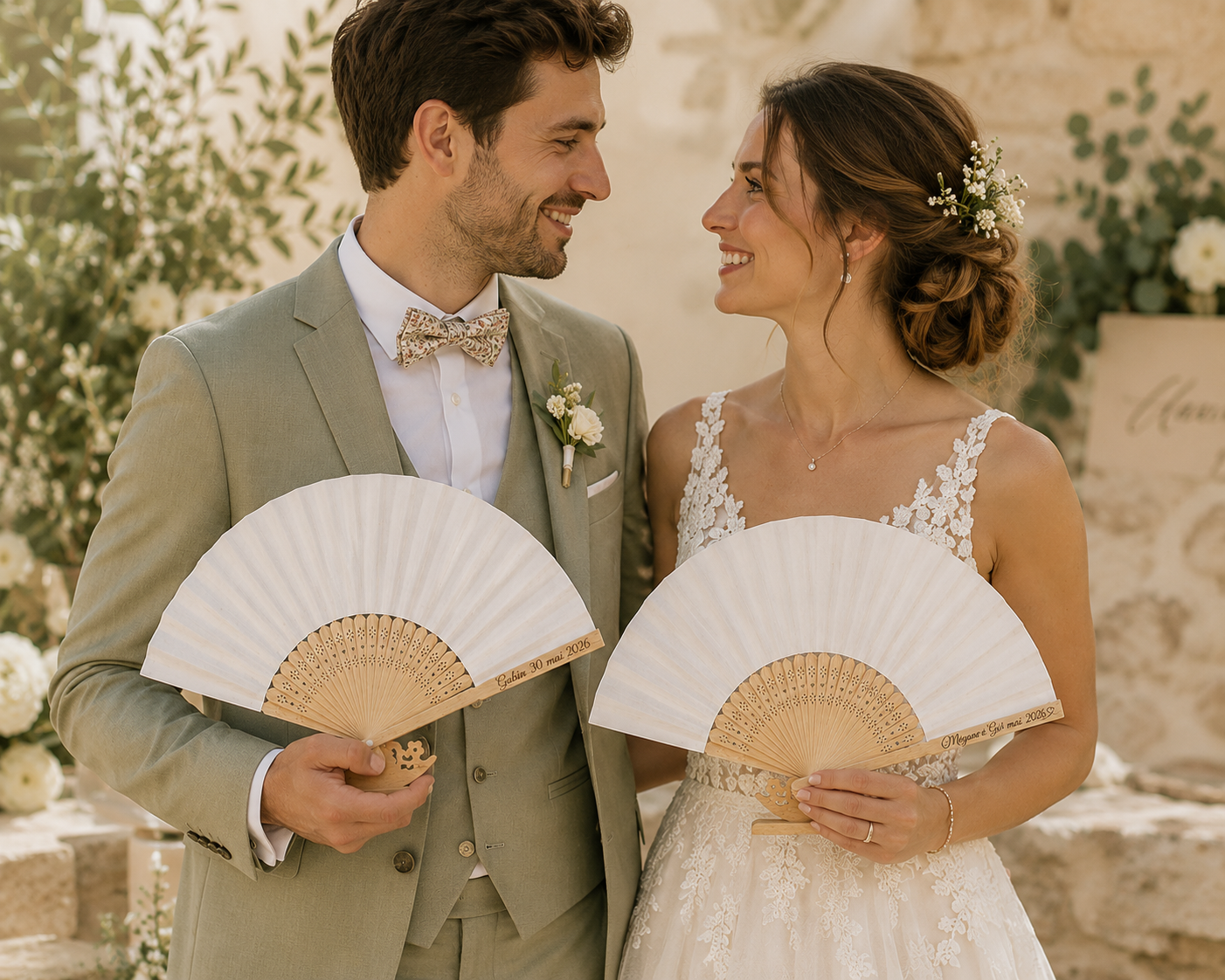 Éventail Mariage Personnalisé Gravé - Bambou & Tissus blanc - Cadeau Invité