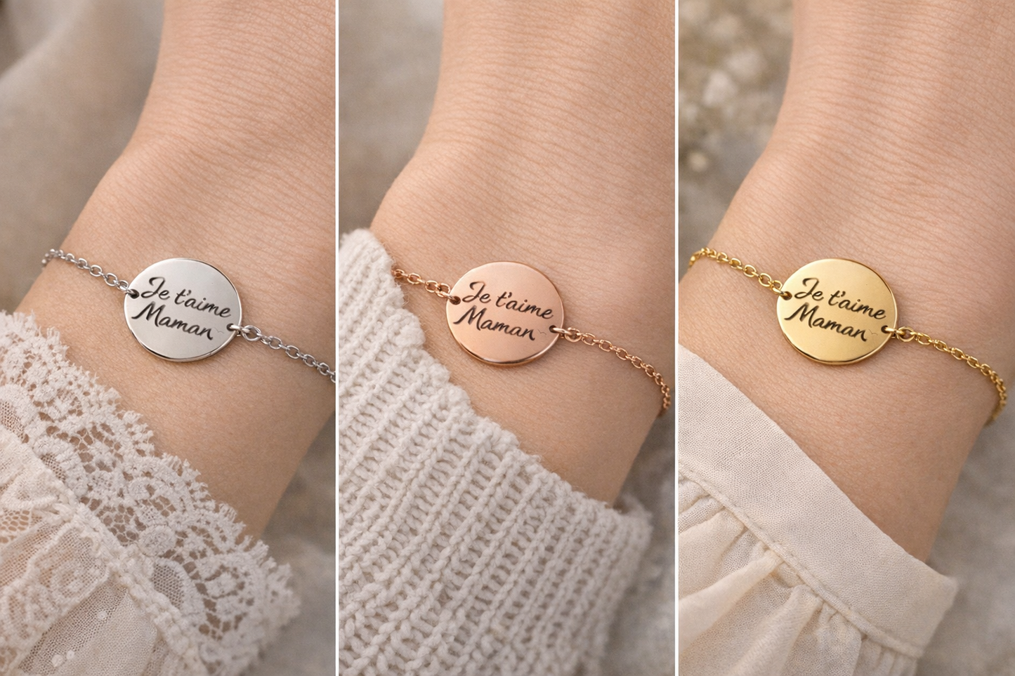 Bracelet Personnalisé Femme en Acier Inoxydable – Texte Gravé au Choix – 3 Couleurs Or
