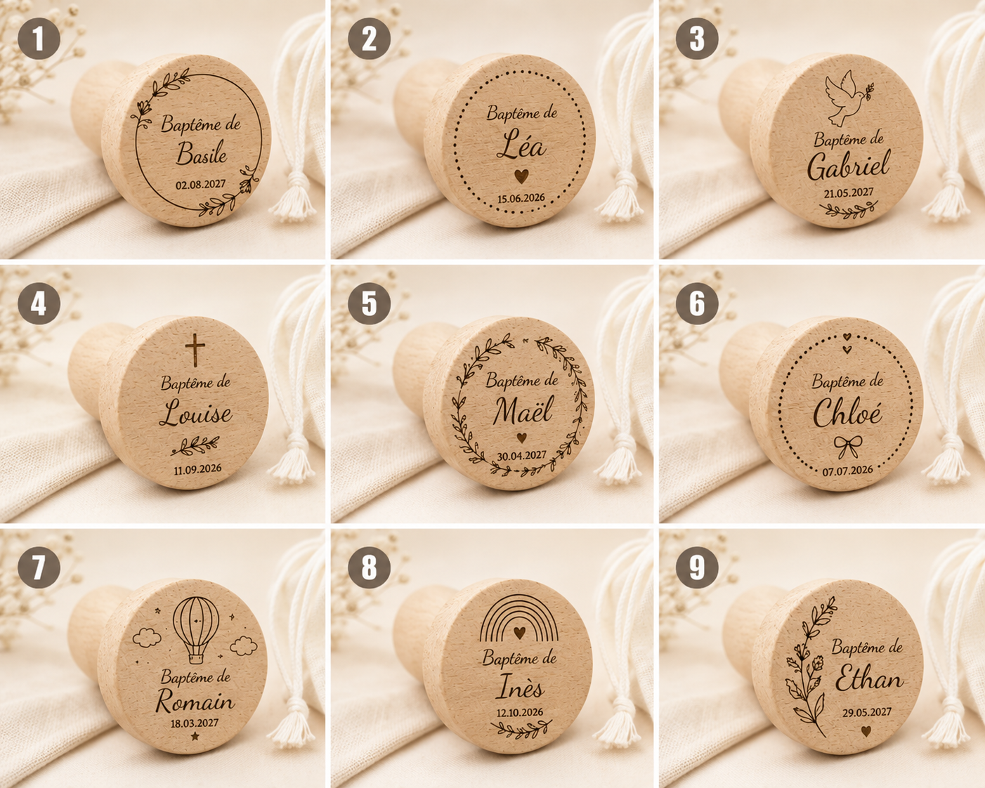 Bouchon en bois personnalisé pour baptême - décoration de table & cadeau invité