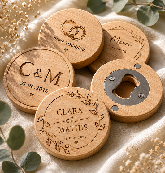 Décapsuleur en bois personnalisé - Cadeau invité mariage gravé - prénom & date