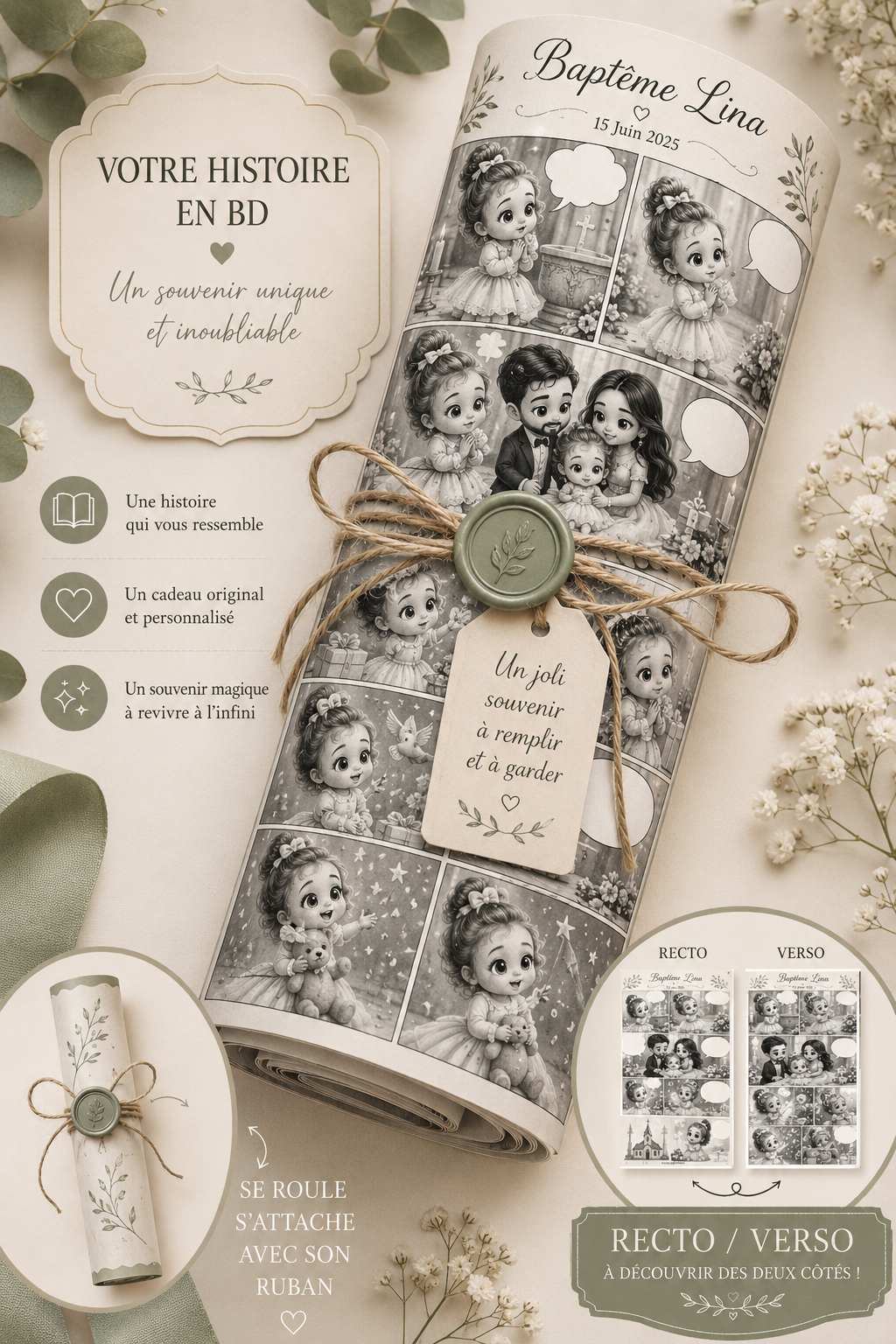 BD Baptême personnalisé - Histoire illustrée à remplir - Cadeau souvenir unique