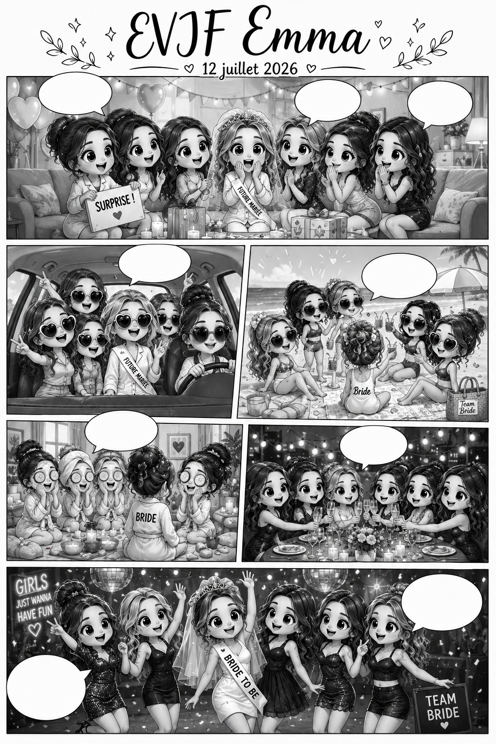 Parchemin BD EVJF personnalisé - Histoire illustrée à remplir - Cadeau enterrement de vie jeune fille