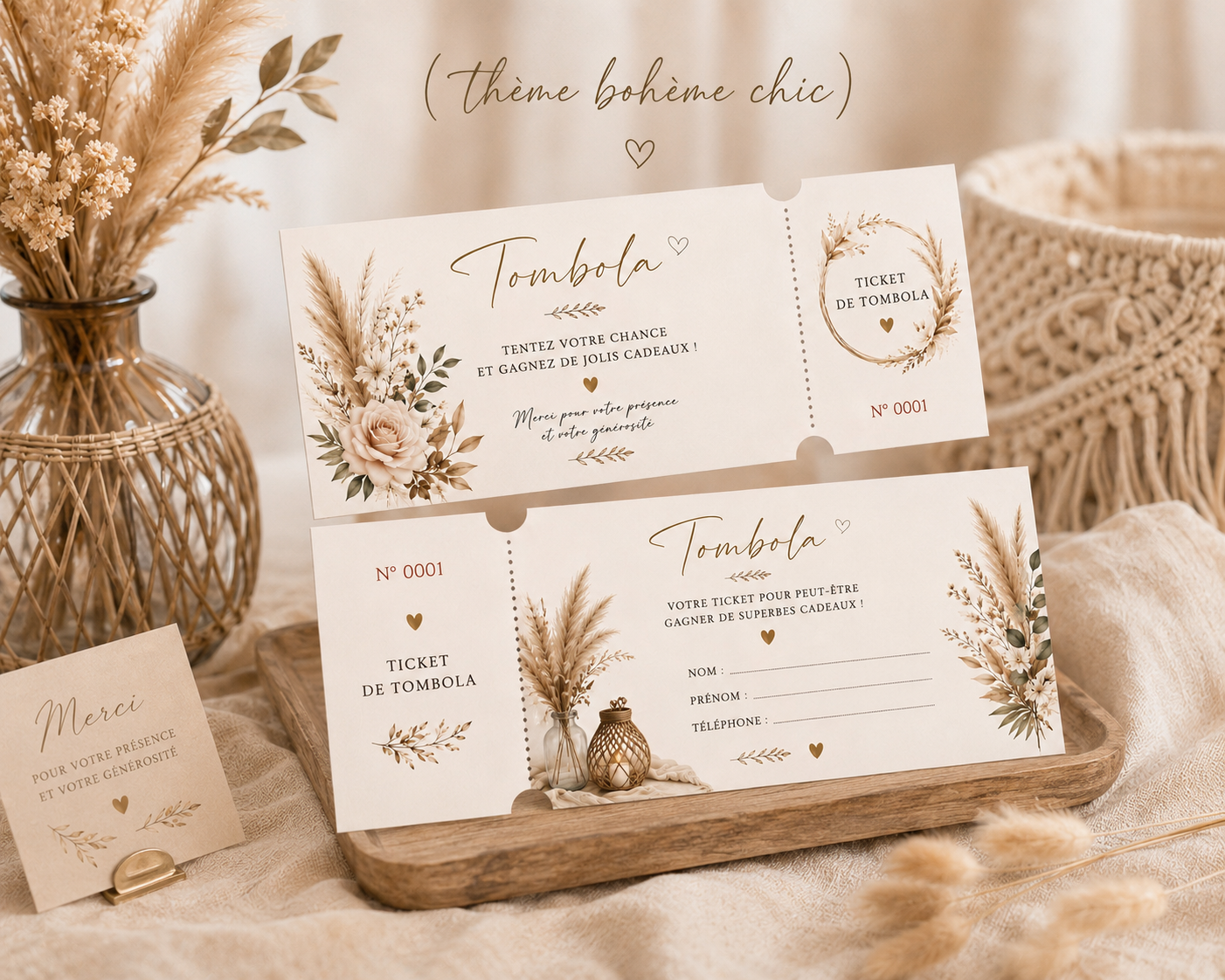 Ticket Tombola Personnalisés pour Mariage & Évènements - 6 thèmes Élégant