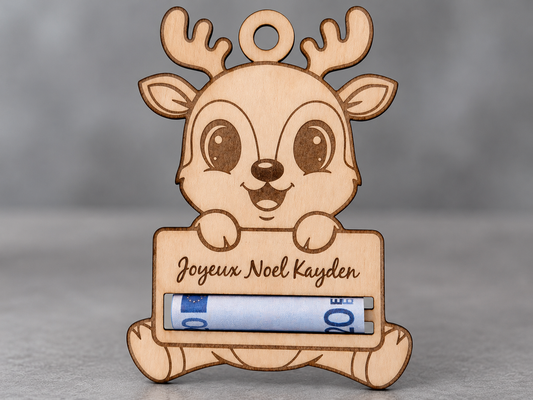 Porte-billet en bois " Joyeux Noel " renne personnalisable -  Cadeau de Noel pour enfant 12x10 cm