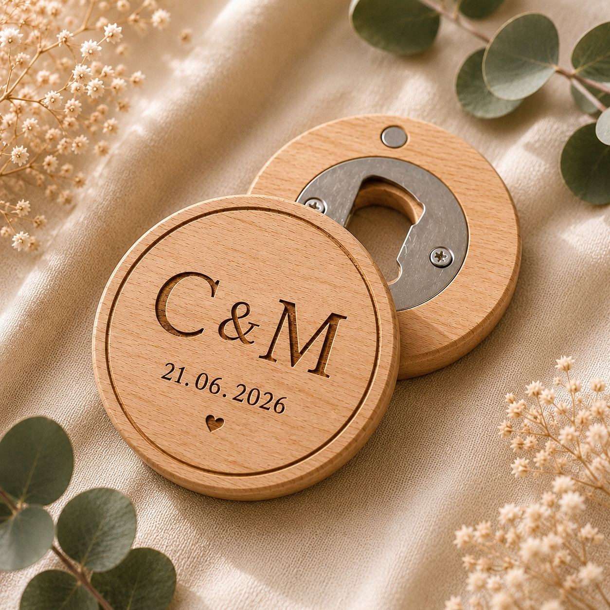 Décapsuleur en bois personnalisé - Cadeau invité mariage gravé - prénom & date