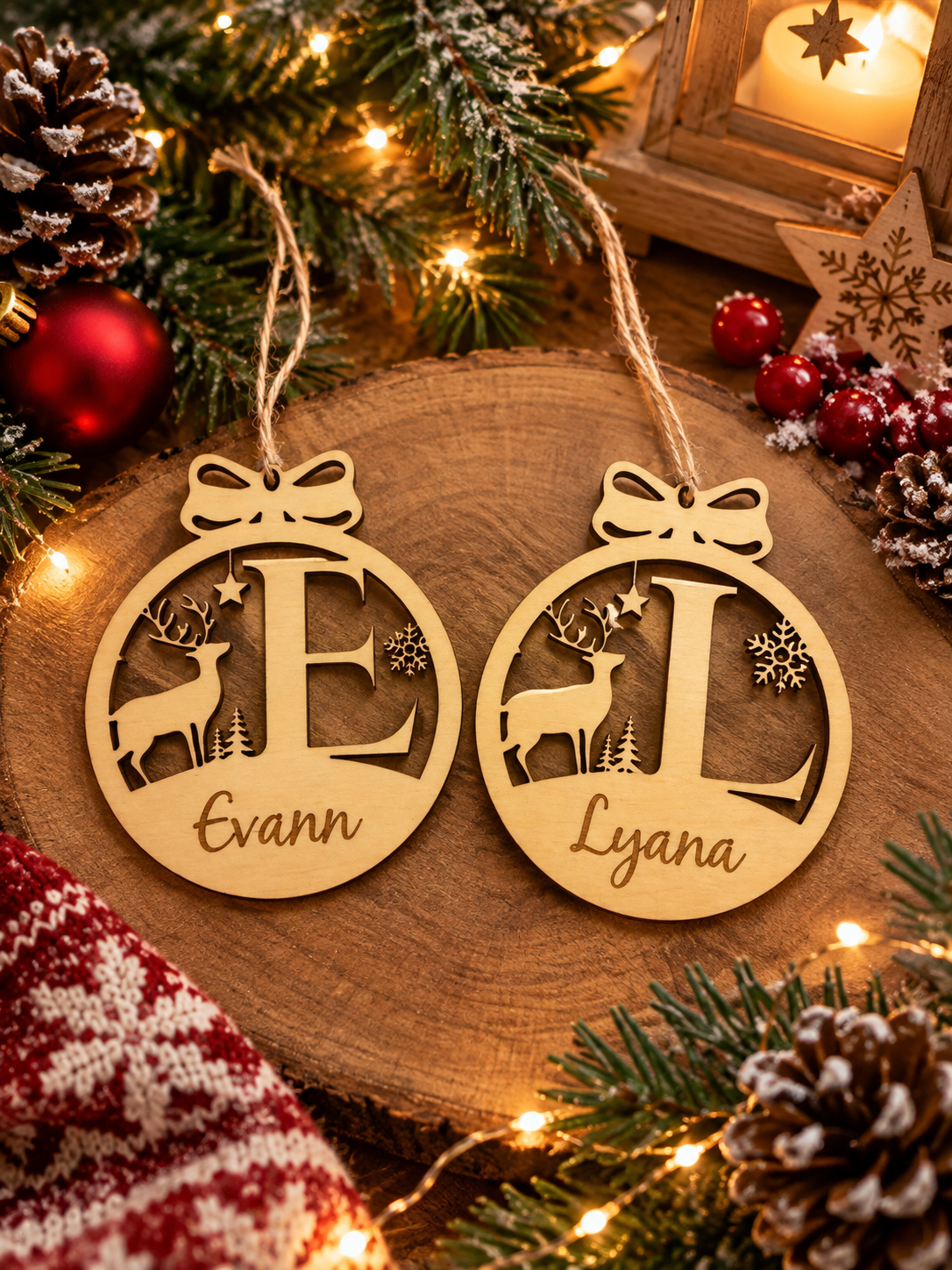 Boule de Noël en bois Personnalisé prénom et initiale - Décoration de sapin