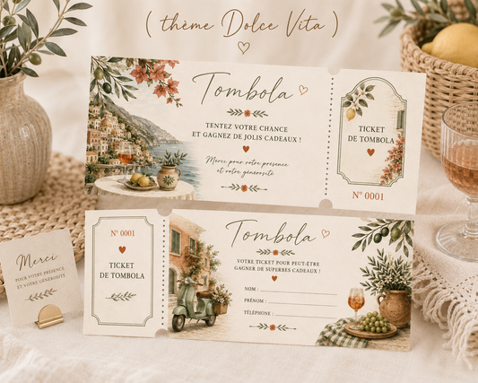 Ticket Tombola Personnalisés pour Mariage & Évènements - 6 thèmes Élégant