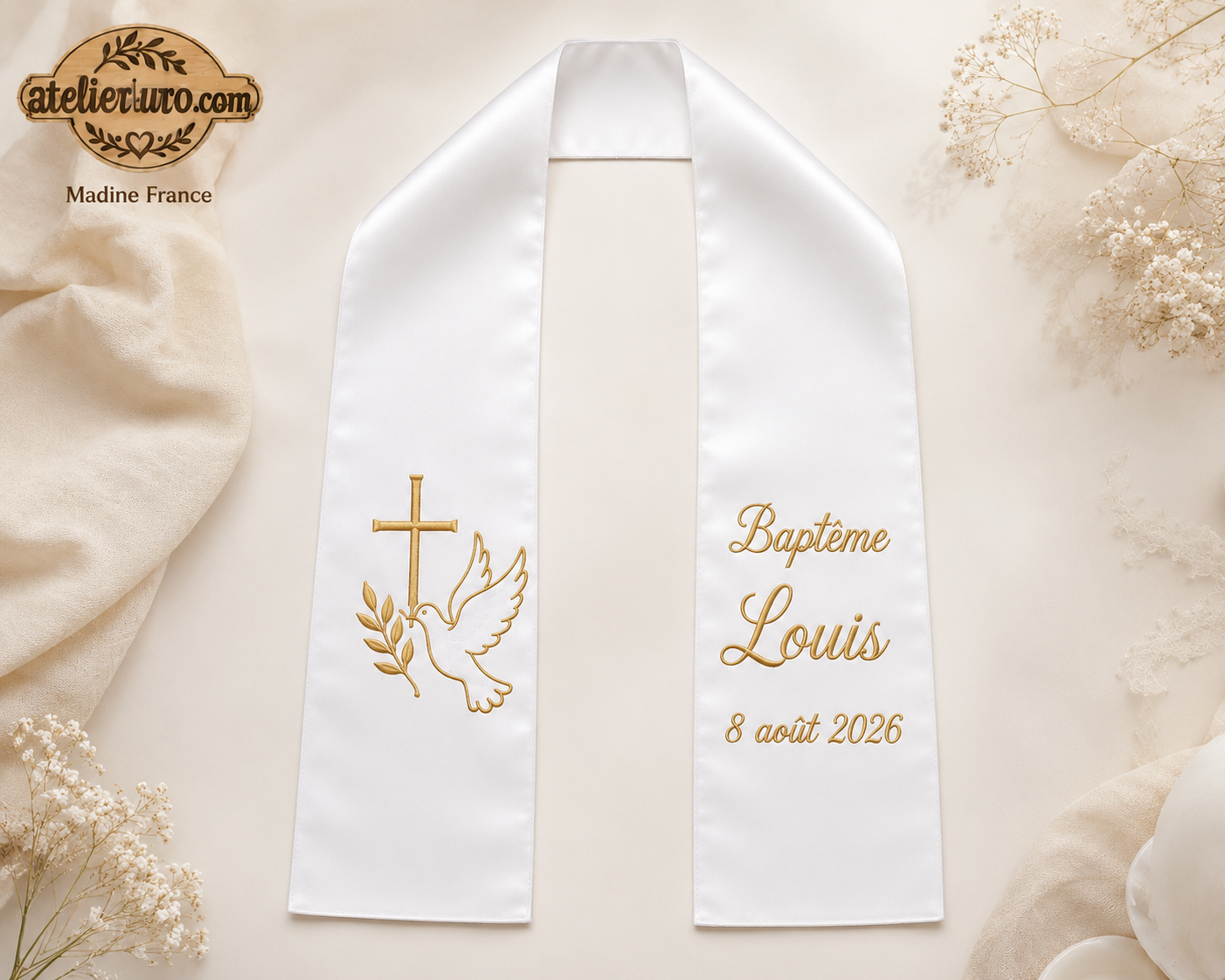 Étole de Baptême Personnalisé Colombe et croix Brodée - écharpe prénom, date et couleur au Choix