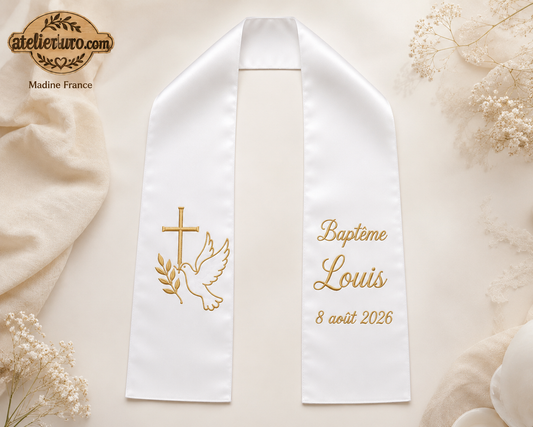 Étole de Baptême Personnalisé Colombe et croix Brodée - écharpe prénom, date et couleur au Choix