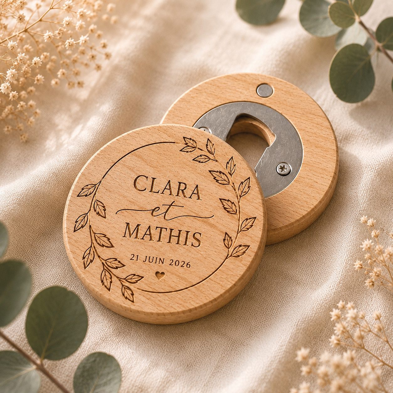 Décapsuleur en bois personnalisé - Cadeau invité mariage gravé - prénom & date
