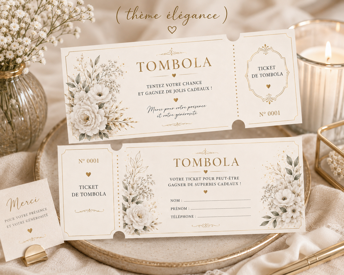 Ticket Tombola Personnalisés pour Mariage & Évènements - 6 thèmes Élégant