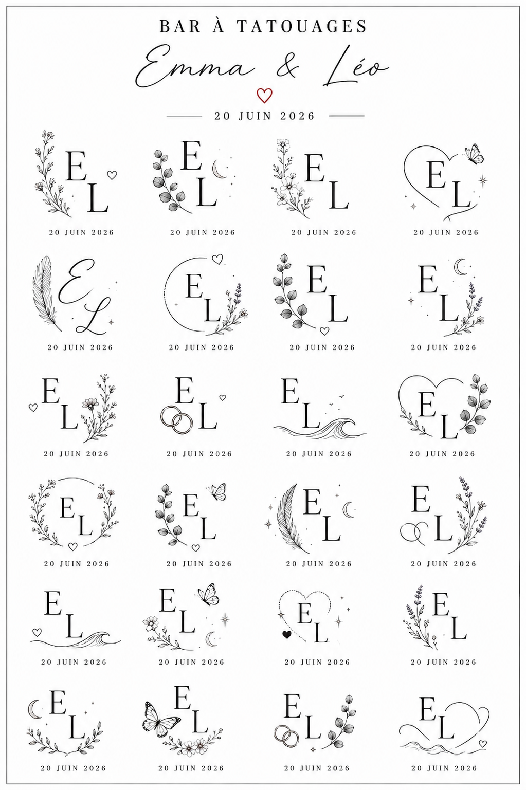 Bar à tatouages éphémères personnalisé - Chibi Mariage & fleurs
