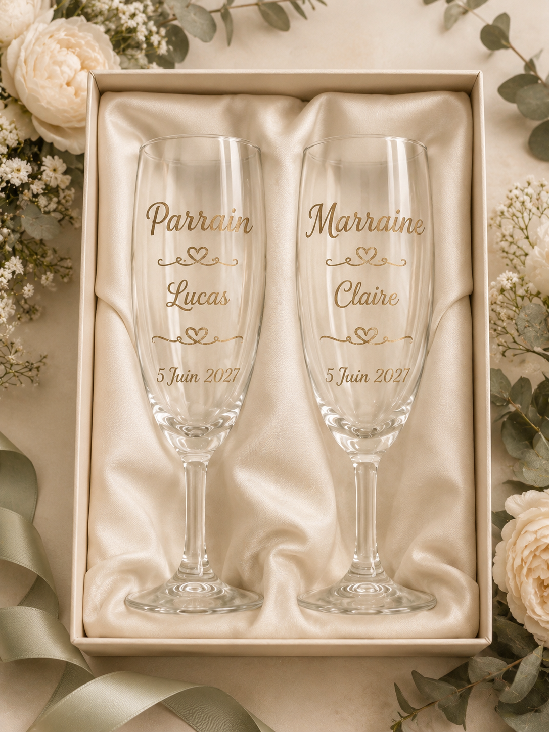 Flûte à champagne personnalisées Parrain & Marraine - Gravure Prénom & Date - Cadeau Baptême