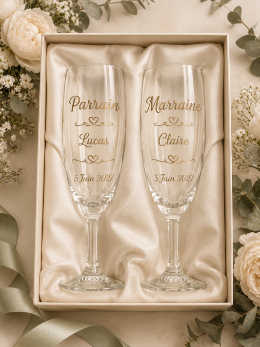 Flûte à champagne personnalisées Parrain & Marraine - Gravure Prénom & Date - Cadeau Baptême