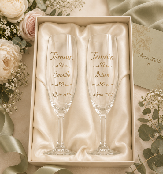 Flûte à champagne personnalisées Témoin de mariage - Gravure Prénom & Date - Cadeau Témoin