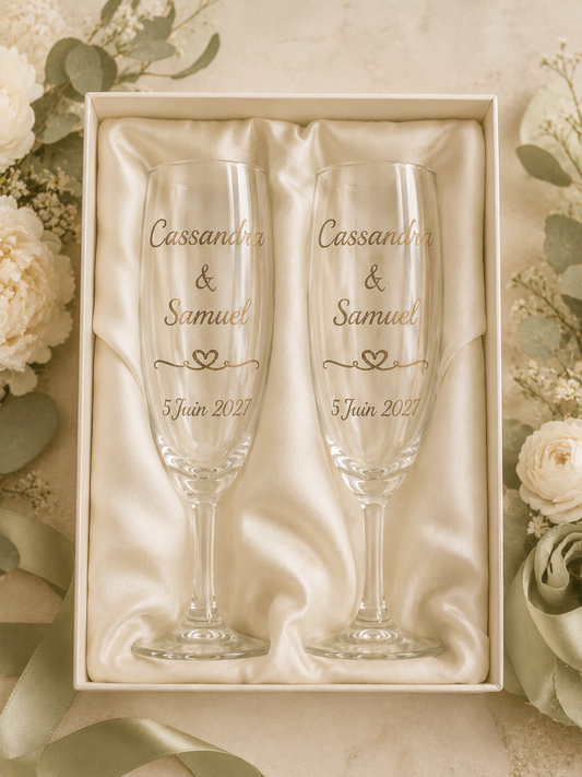 Flûte à champagne personnalisées - Cadeau de mariage élégant avec prénoms et date gravés
