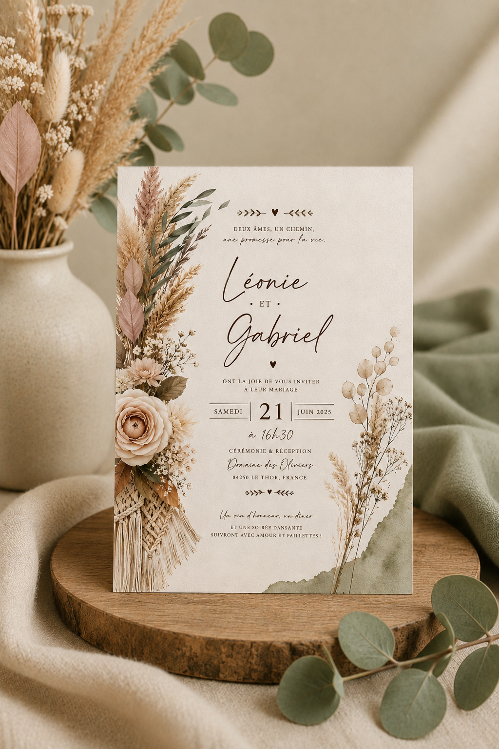 Fare-part mariage bohème chic - pampas & fleurs séchées