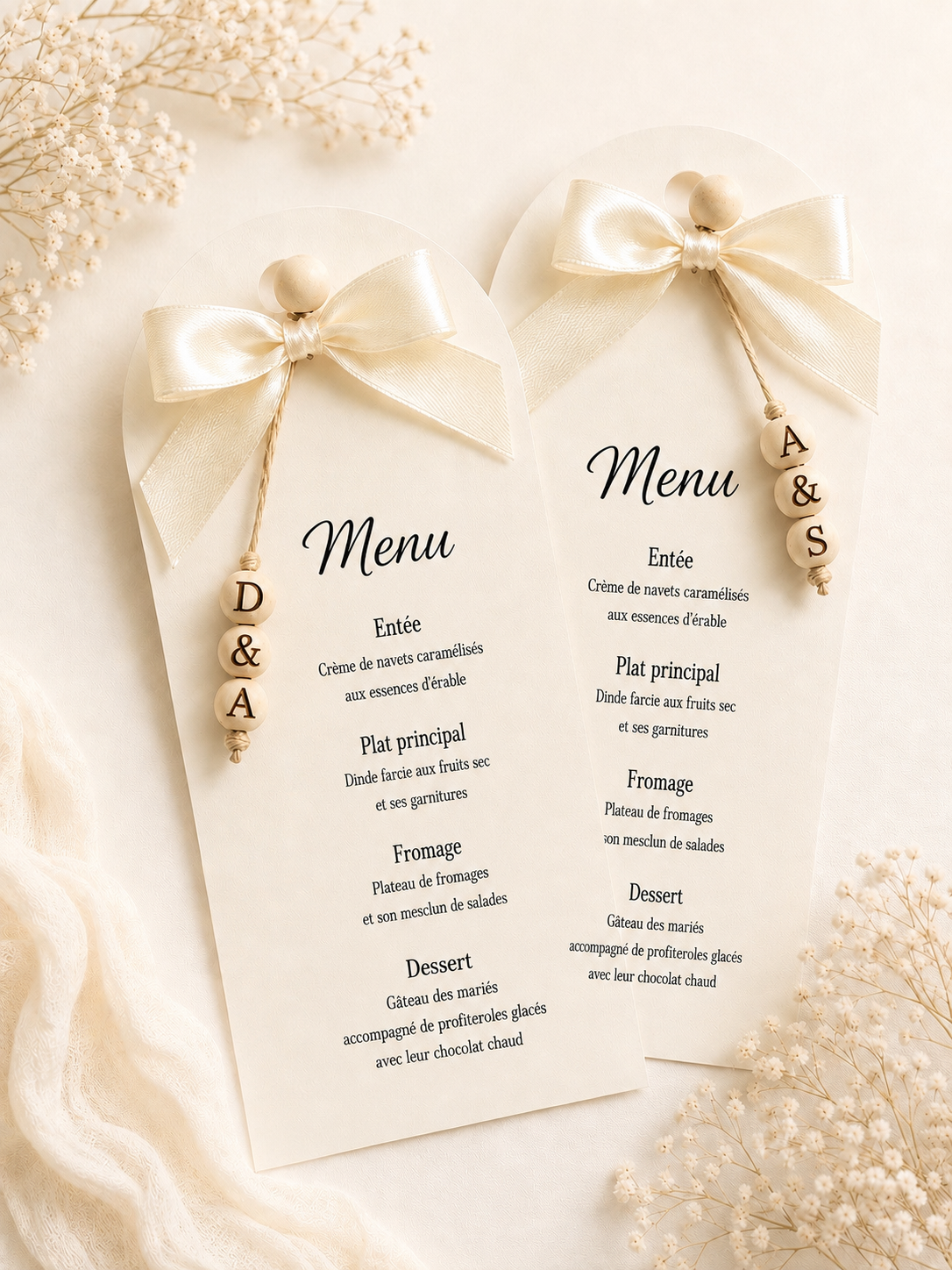 Menu de mariage personnalisé avec nœud satin et perles prénom | Carte menu élégante