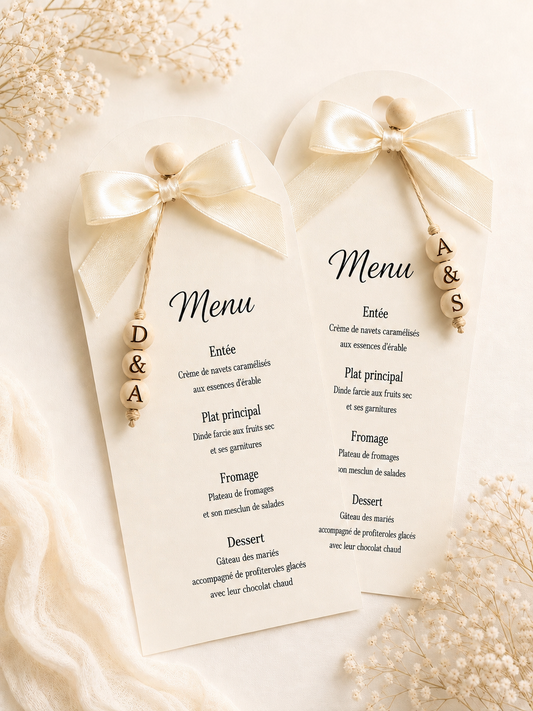 Menu de mariage personnalisé avec nœud satin et perles prénom | Carte menu élégante