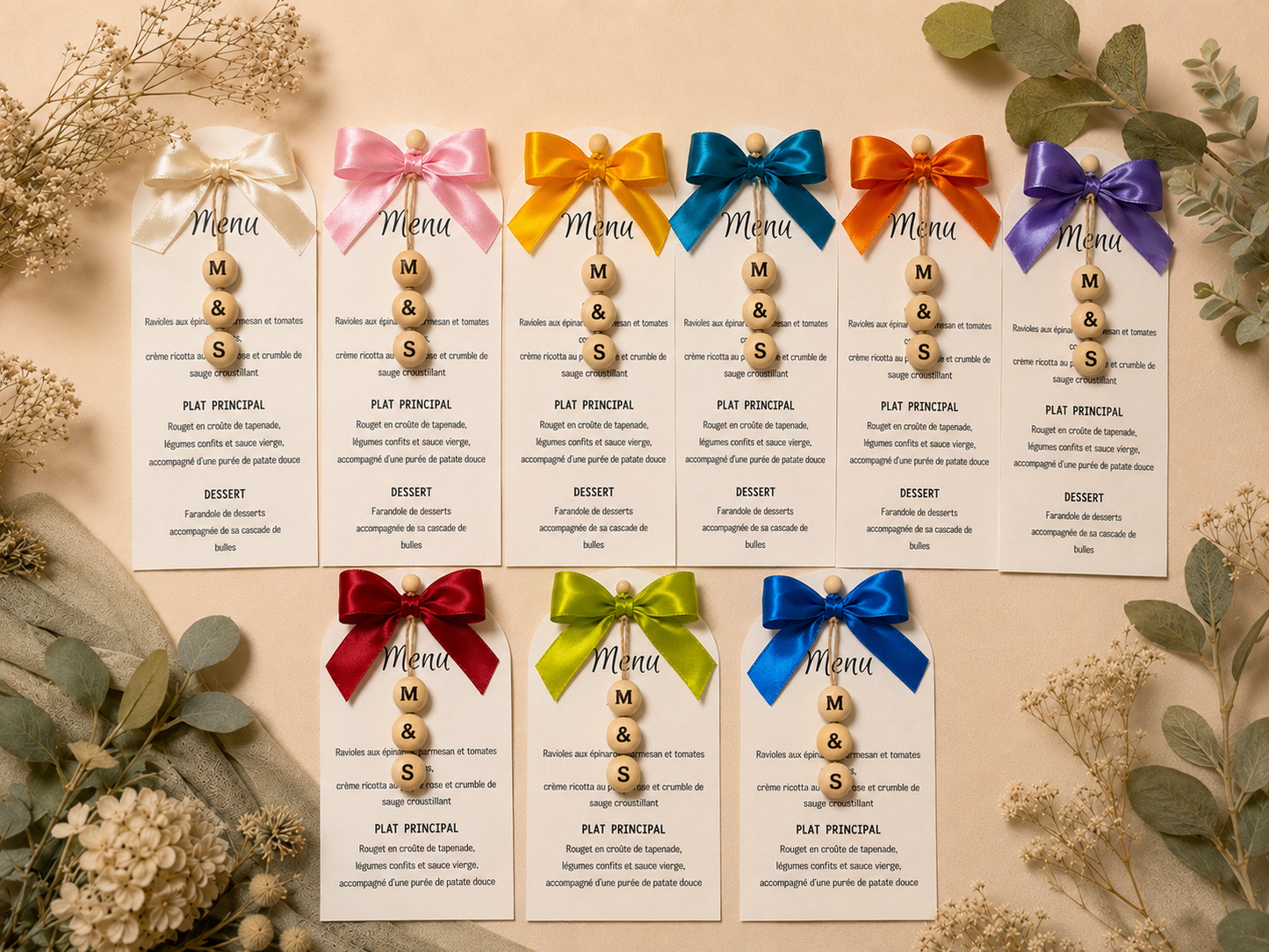 Menu de mariage personnalisé avec nœud satin et perles prénom | Carte menu élégante