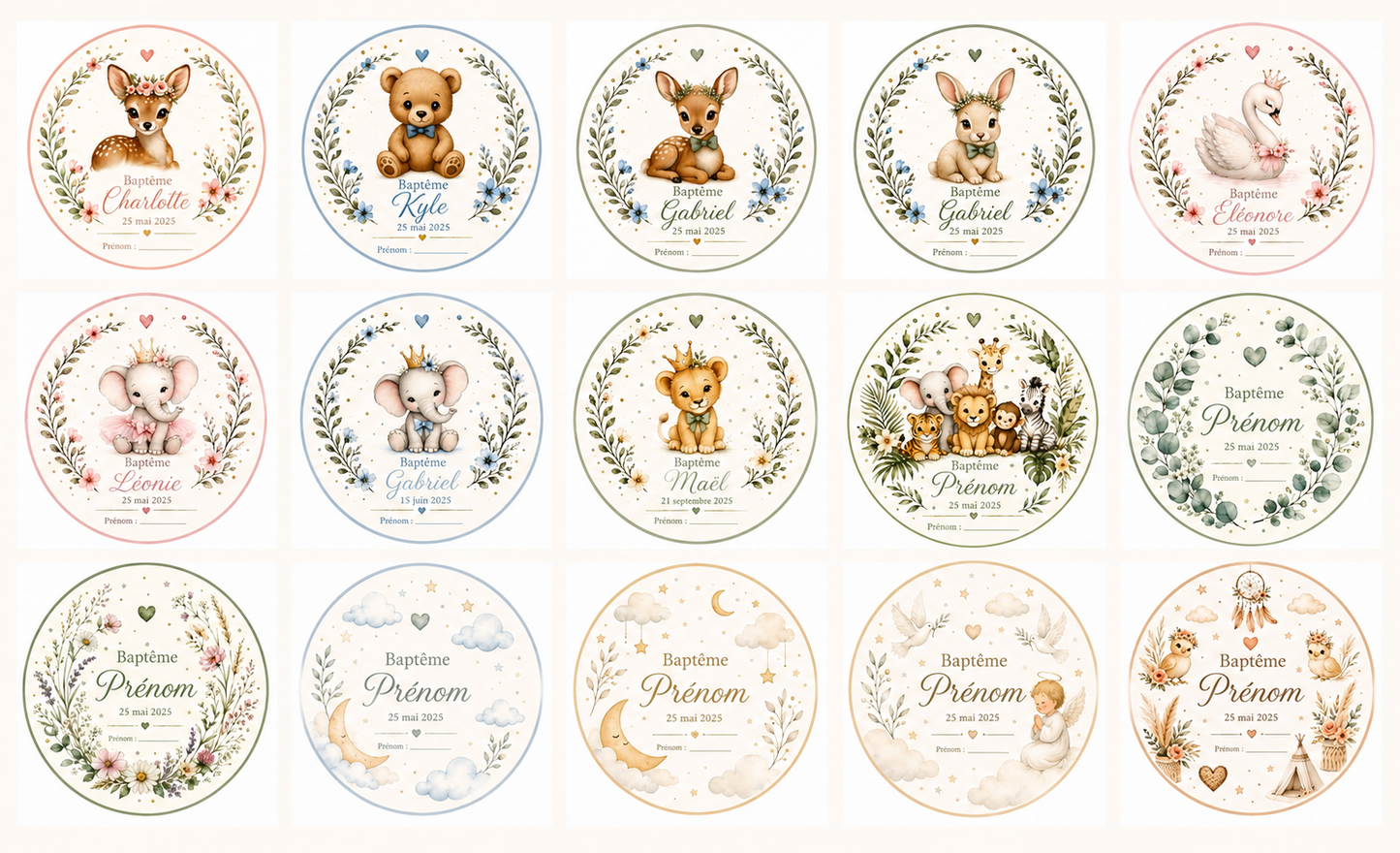 Gobelet Baptême Personnalisés - Sticker Aquarelle Animal au choix - Date & Prénom