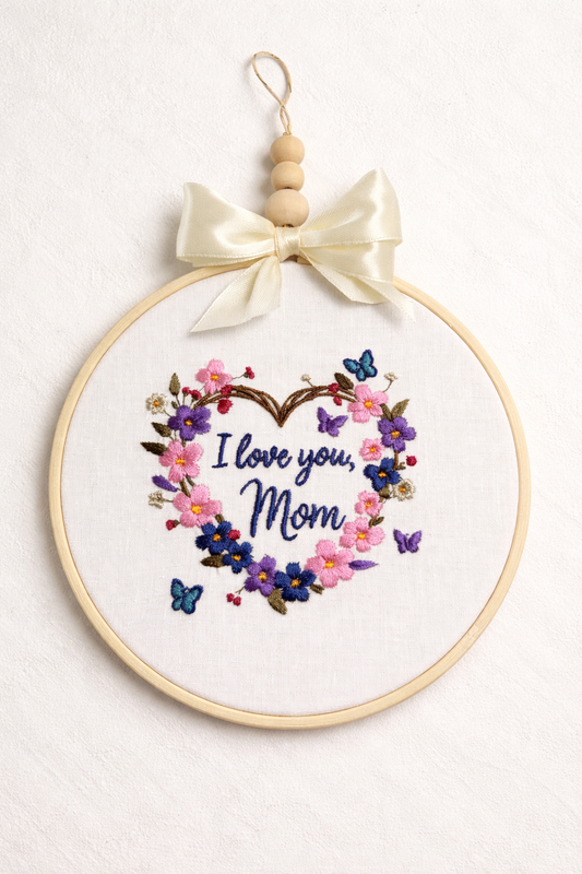 Tambourin " I love you Mom " Cadeau Fête des mères - Broderie florale diamètre 15