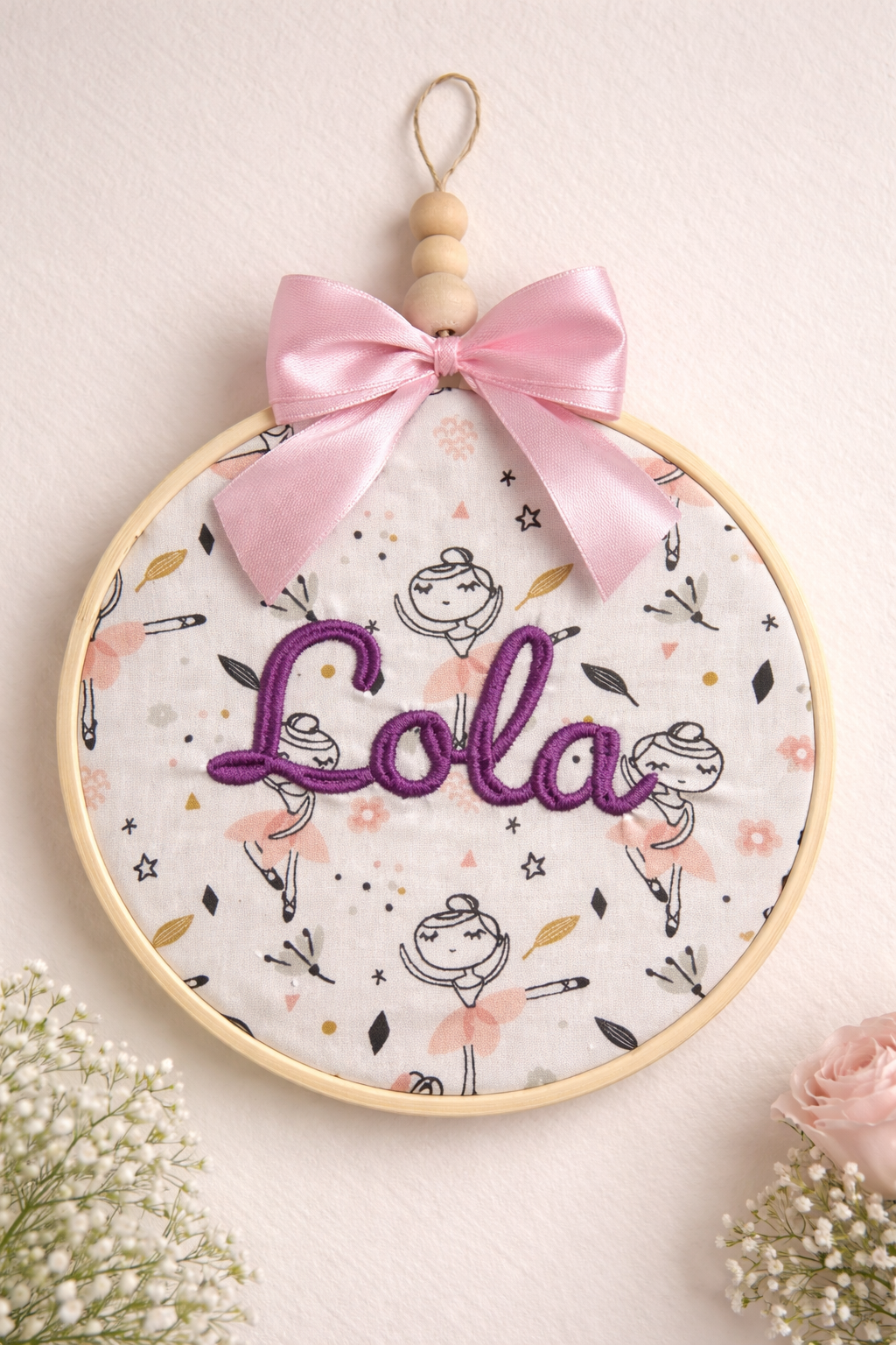 Tambourin Brodé personnalisé prénom 15cm - Décoration murale enfant / cadeau