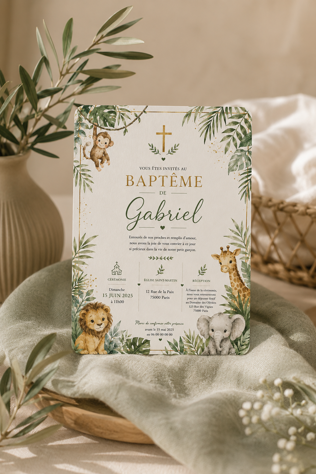 Faire-part de baptême jungle bohème - Animaux & feuillage aquarelle