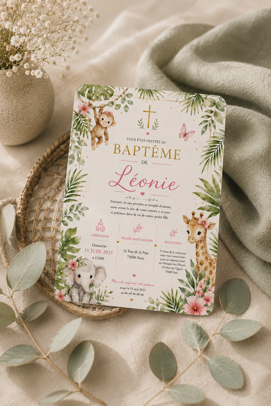 Faire-part de baptême jungle bohème - Animaux & feuillage aquarelle